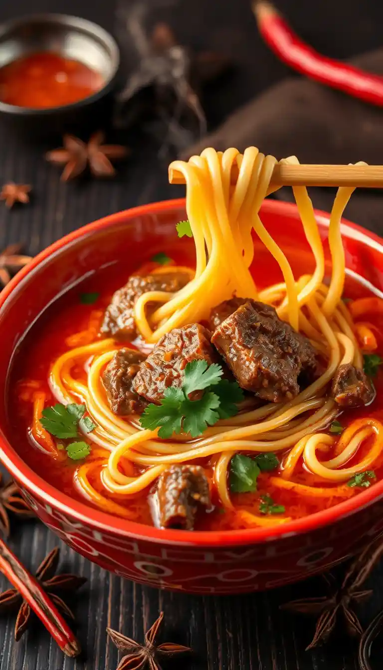 Close up bowl of spicy beef noodle soup on table