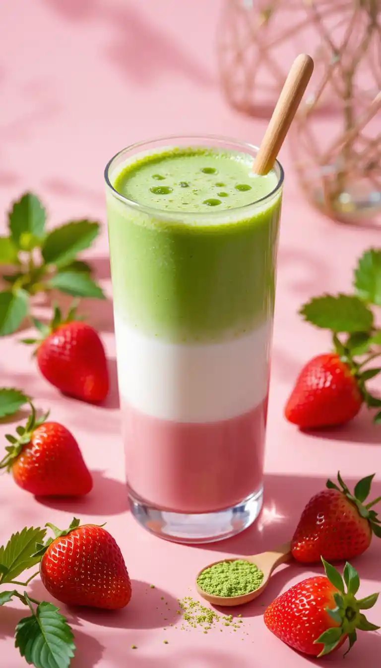 Layered matcha and strawberry drink with fresh strawberries