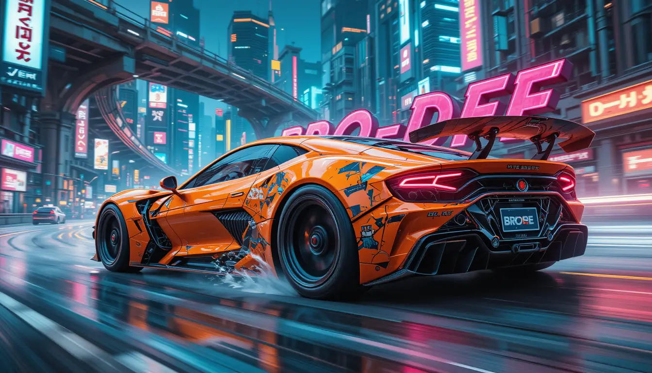 Futuristic Orange Racing Car In Neon Cyberpunk Megacity