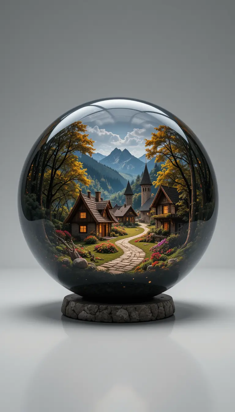 Floating glass sphere with dwarf village and forest