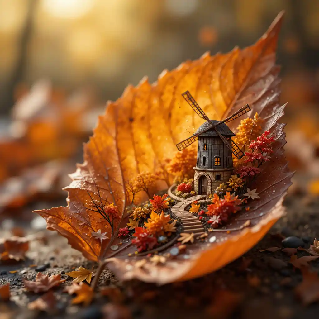 Close up autumn leaf revealing a tiny fantasy world