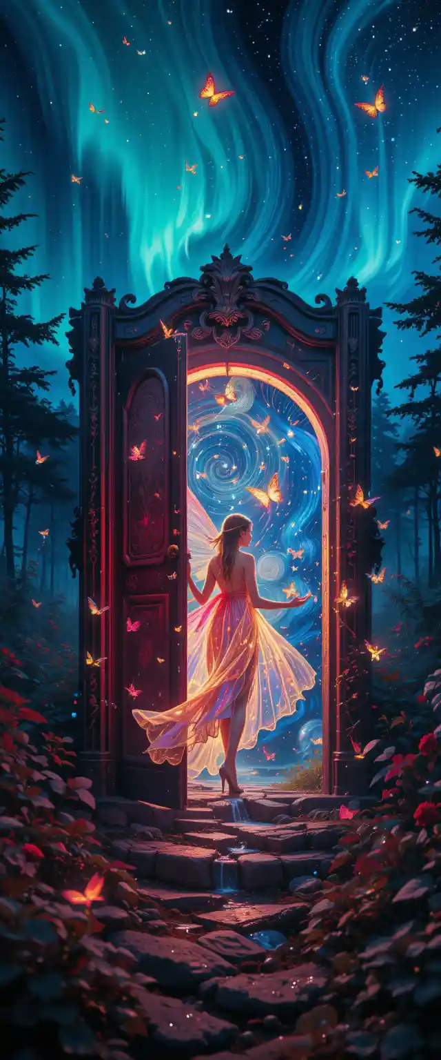 Fairy Walking From Giant Book Portal In Neon Garden