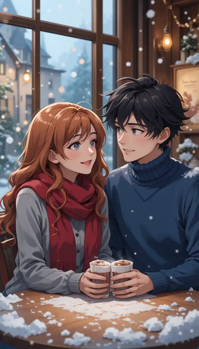 Anime couple in cozy cafe by snowy window