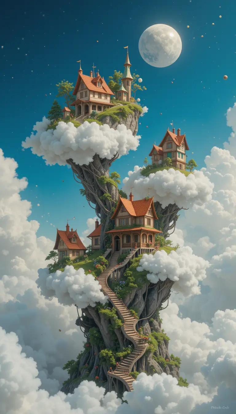 Floating fantasy houses built on clouds and stairs