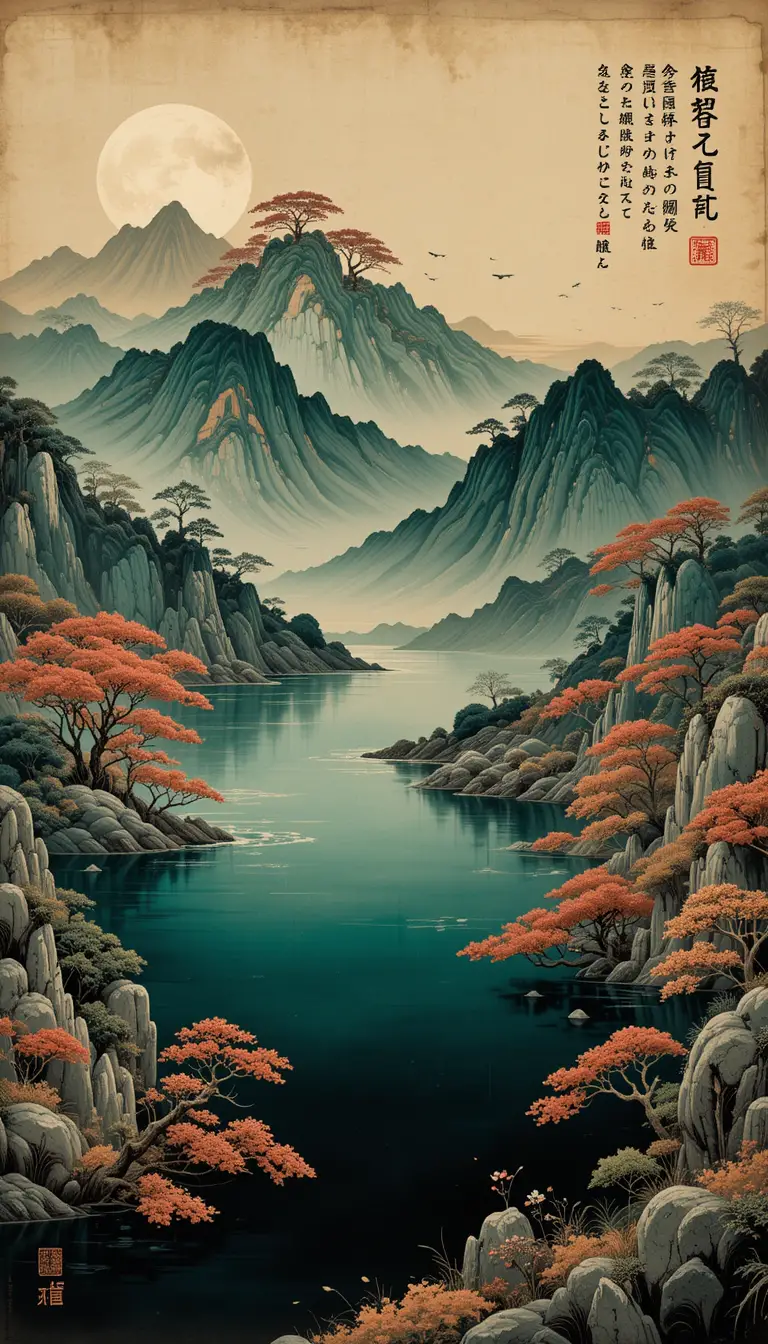 Traditional Japanese mountain landscape with calm emerald waters