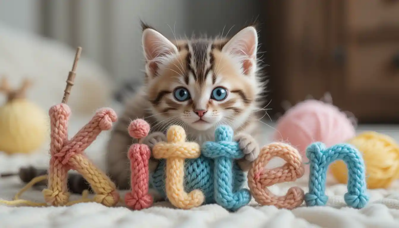 Playful blue eyed kitten with yarn spelling kitten