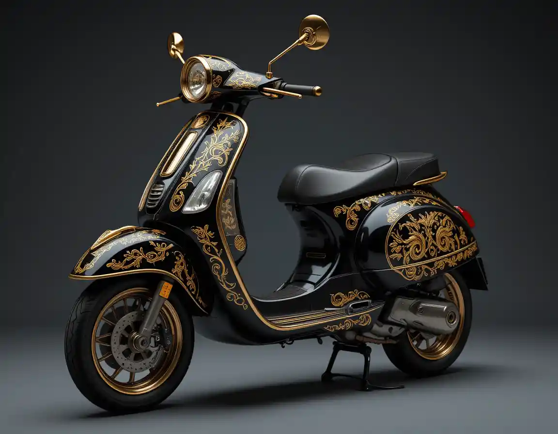 Luxury black and gold custom vespa scooter close up