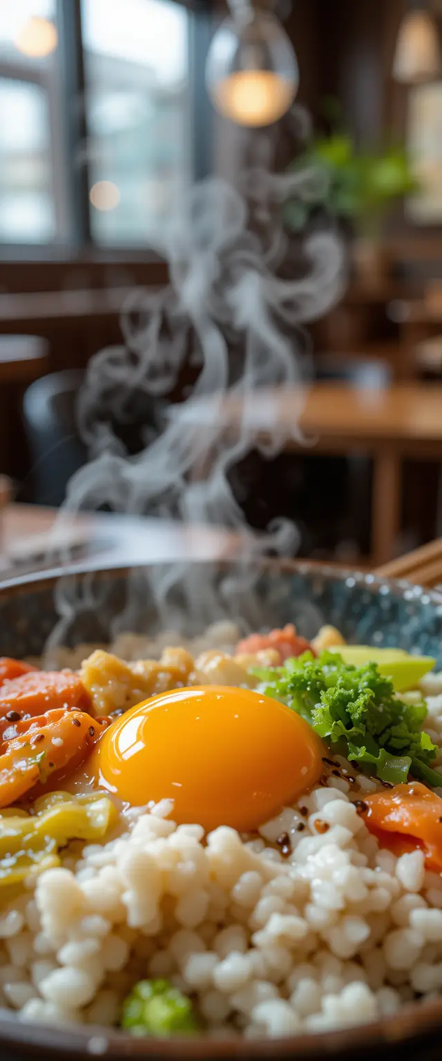 Close up of korean rice bowl with egg yolk steam