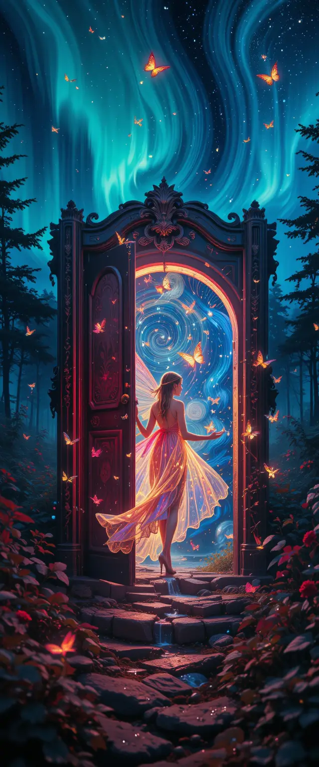Fairy Walking From Giant Book Portal In Neon Garden