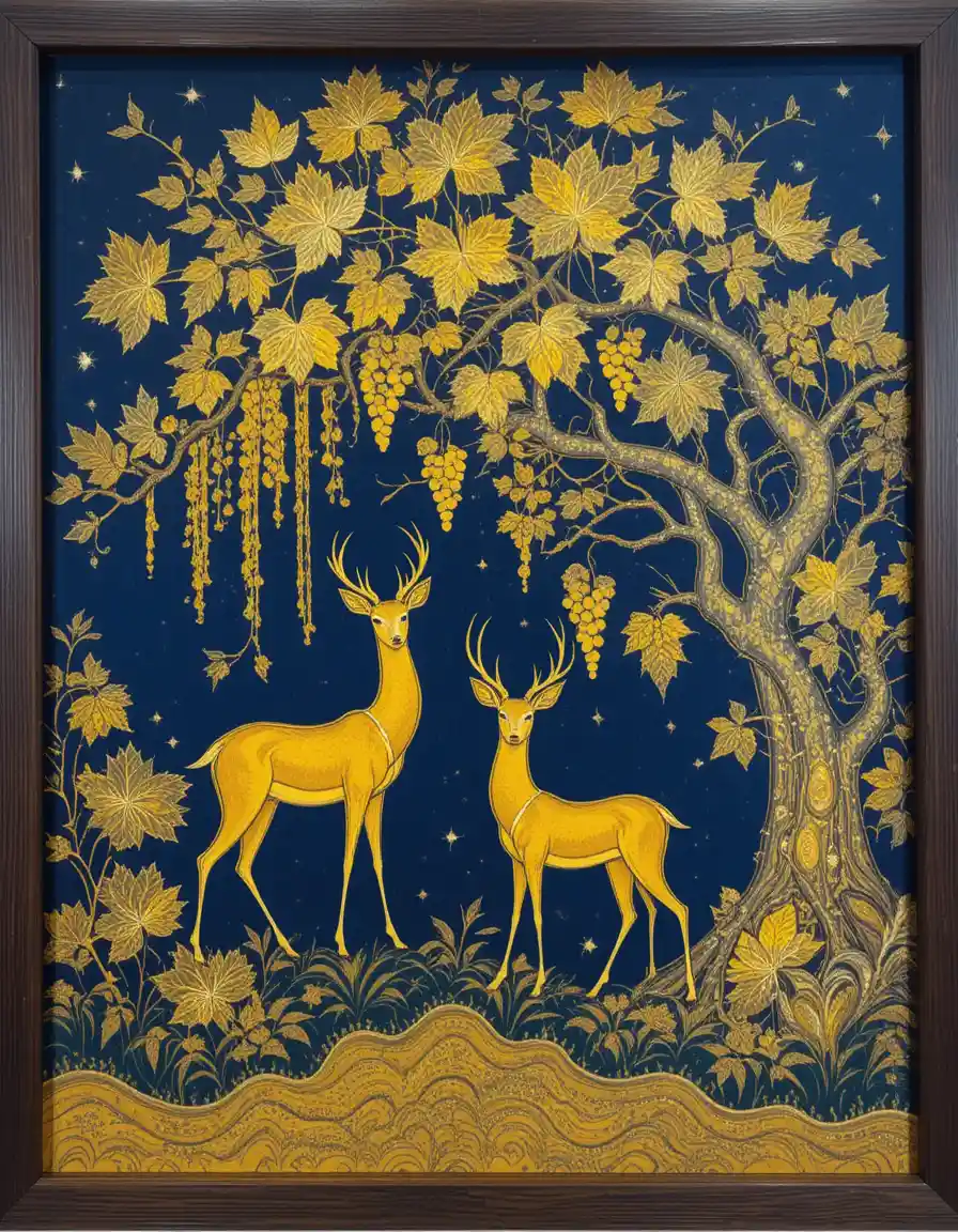 Golden deer beneath a stylized batik forest canopy