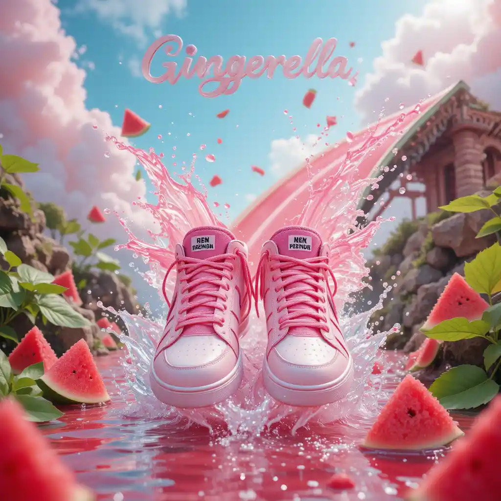 Fuchsia sneakers entering a magical watermelon slide world