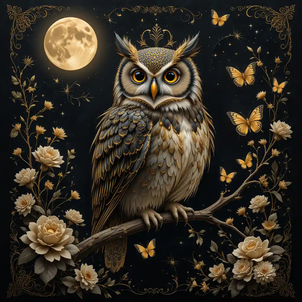 Ornate owl on a branch under a glowing full moon