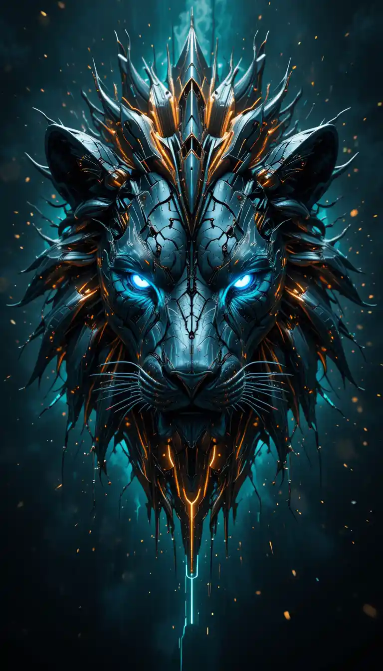 Mechanical lion head with glowing eyes and metallic mane