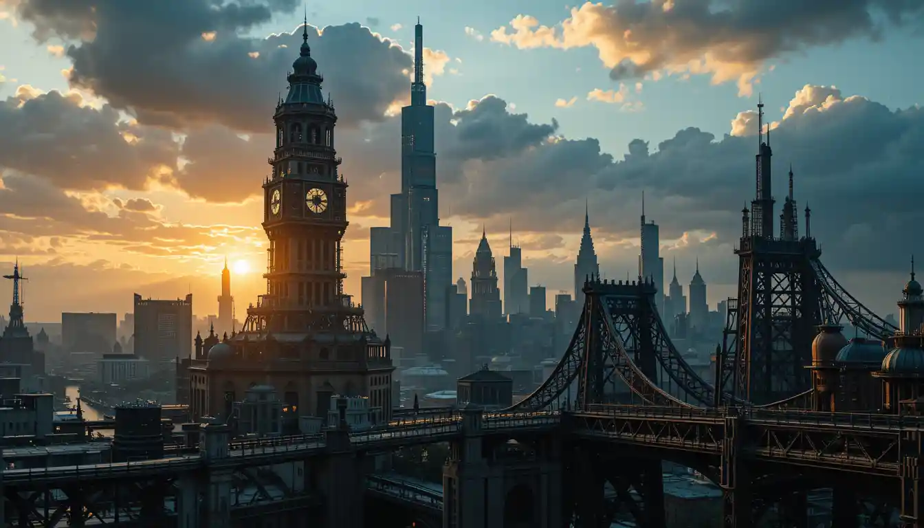 Sunset over a futuristic city skyline with glowing lights