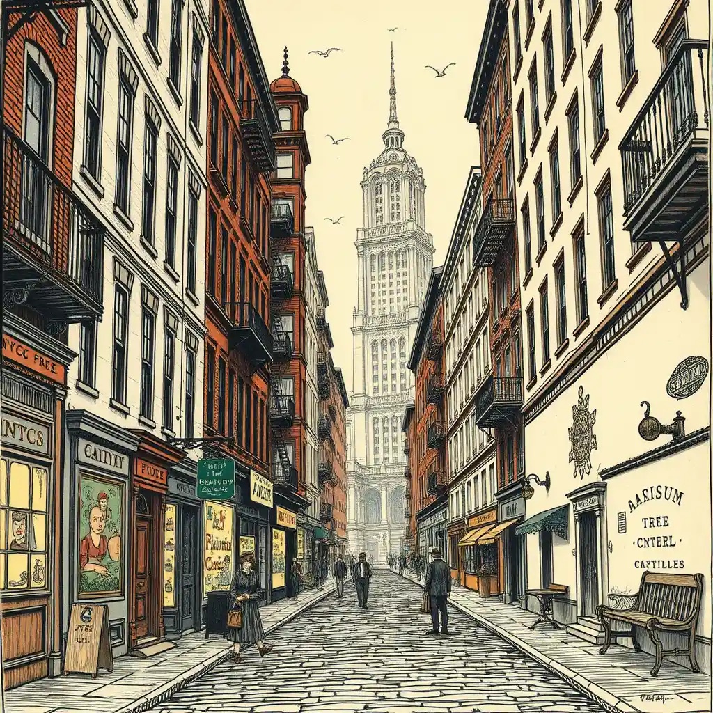 Early nineteenth century nyc street in ink illustration