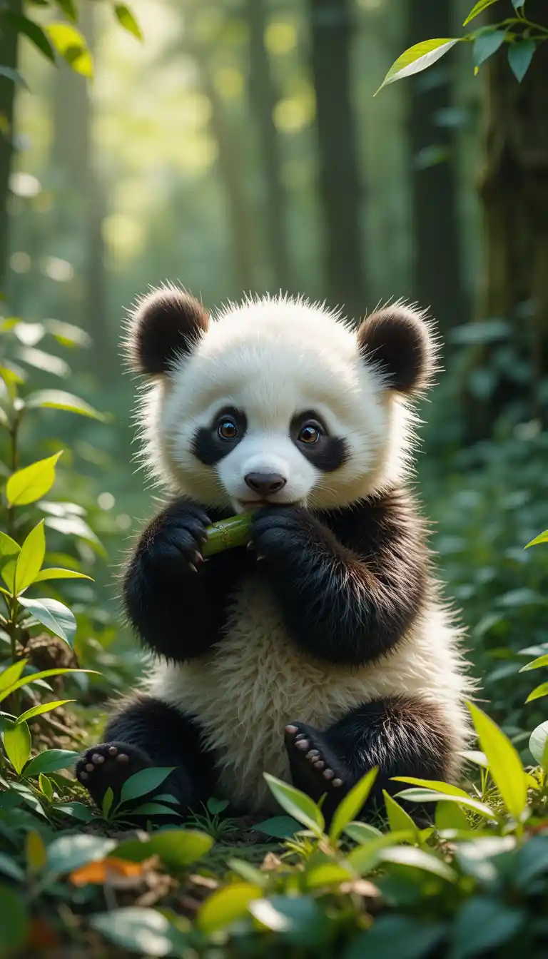Baby panda eating bamboo in a sunlit green forest