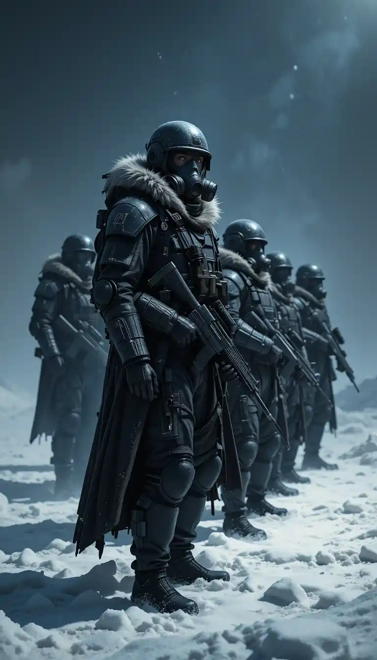Armored soldiers standing vigilant in a snowy wasteland