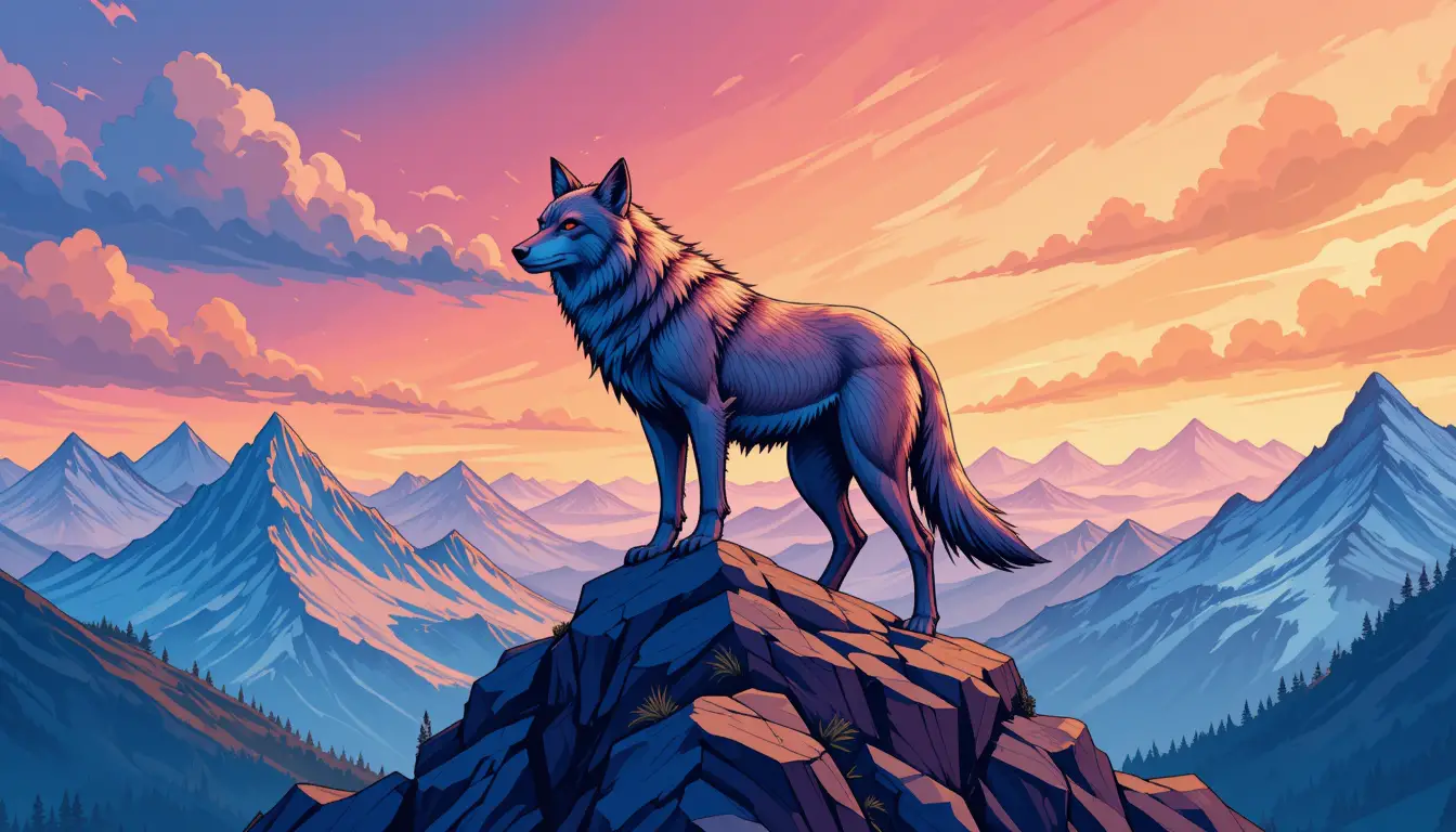 Majestic wolf on a mountain peak in storybook illustration