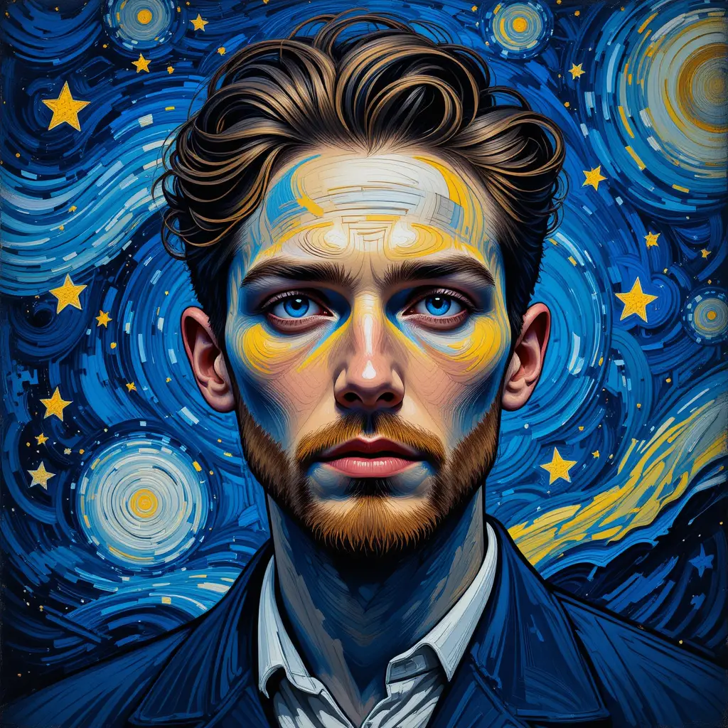 Abstract Portrait Of Young Man Under Swirling Starry Sky