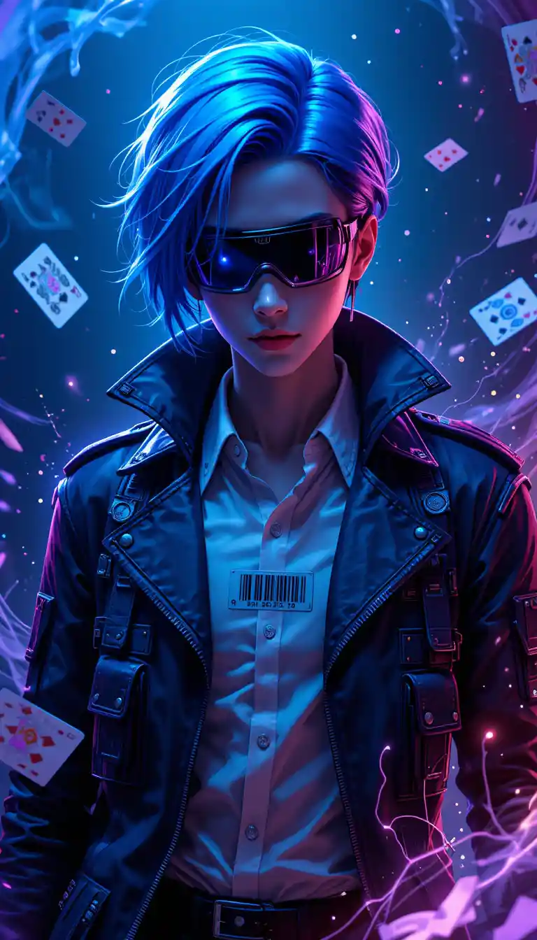 Futuristic blue haired woman with neon visor and cards