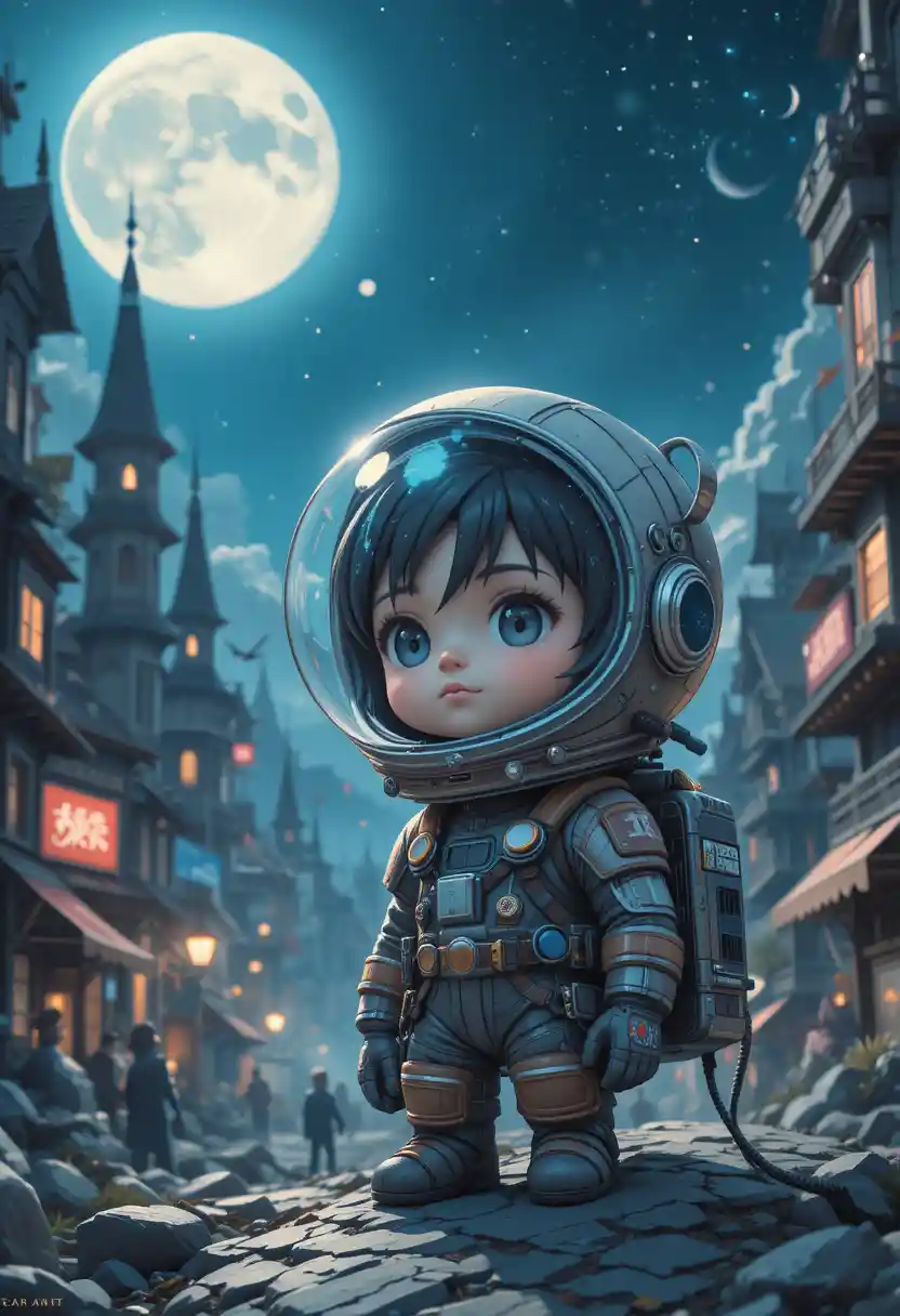 Little child in space helmet in futuristic moonlit city