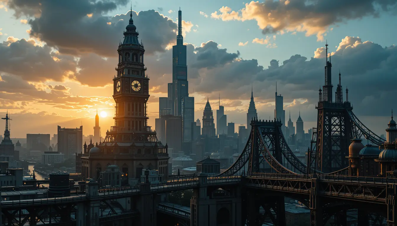 Sunset over a futuristic city skyline with glowing lights
