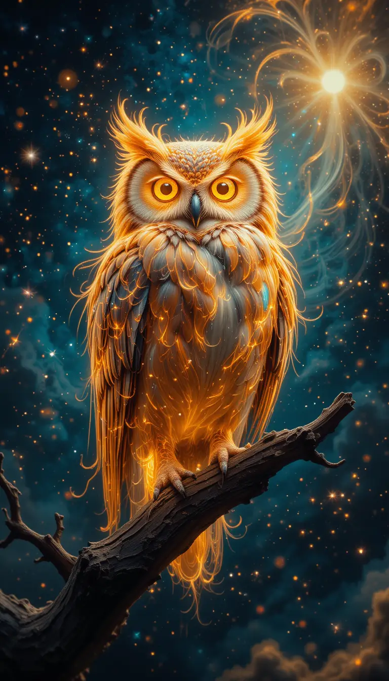 Flaming Cosmic Owl Perched Against Starry Night Sky