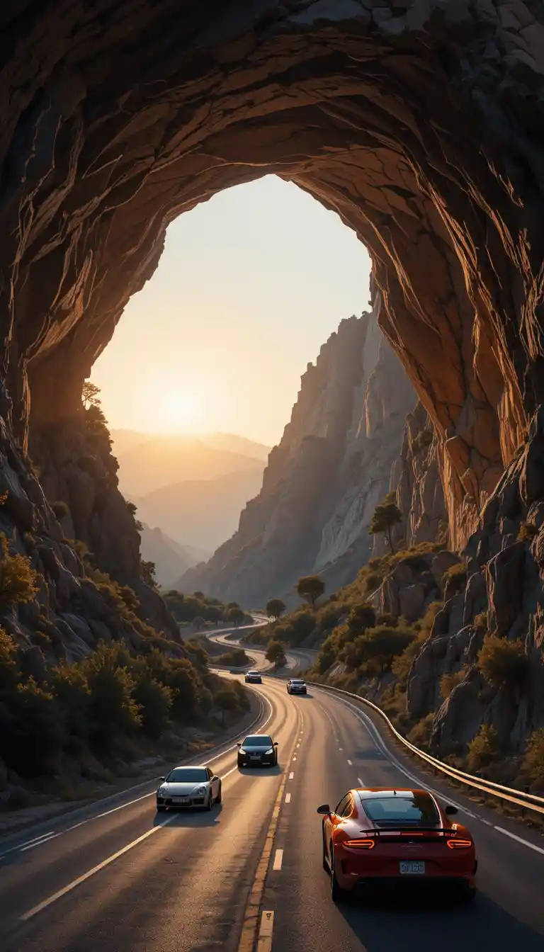 Sports cars racing on a highway into a mountain cave