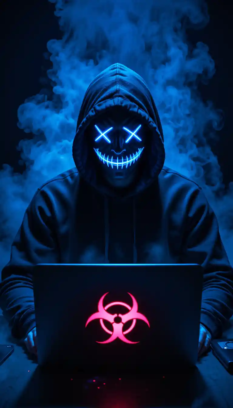 Hooded figure with neon mask at laptop in dark room