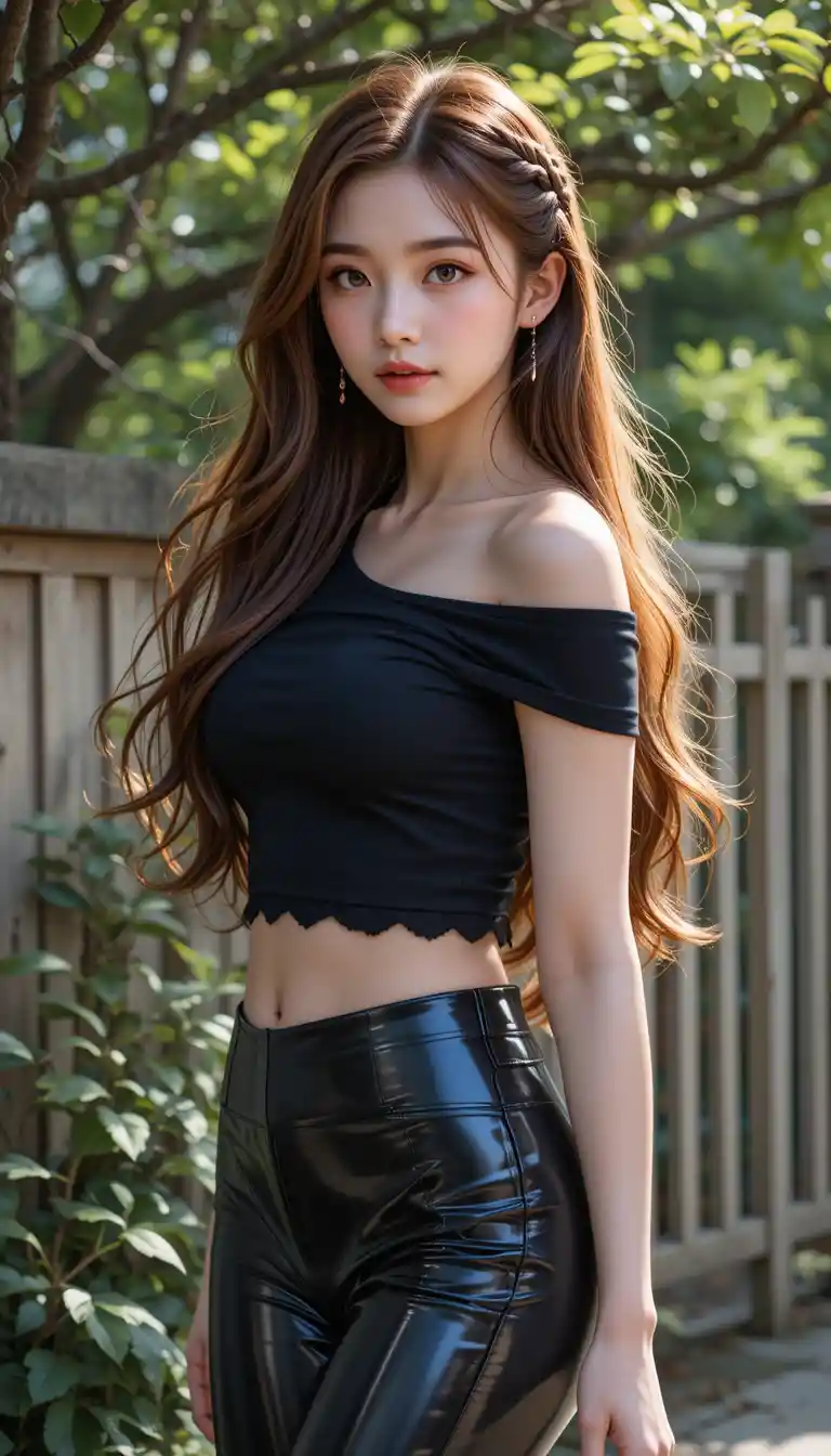 Stylish korean woman in black outfit in lush garden