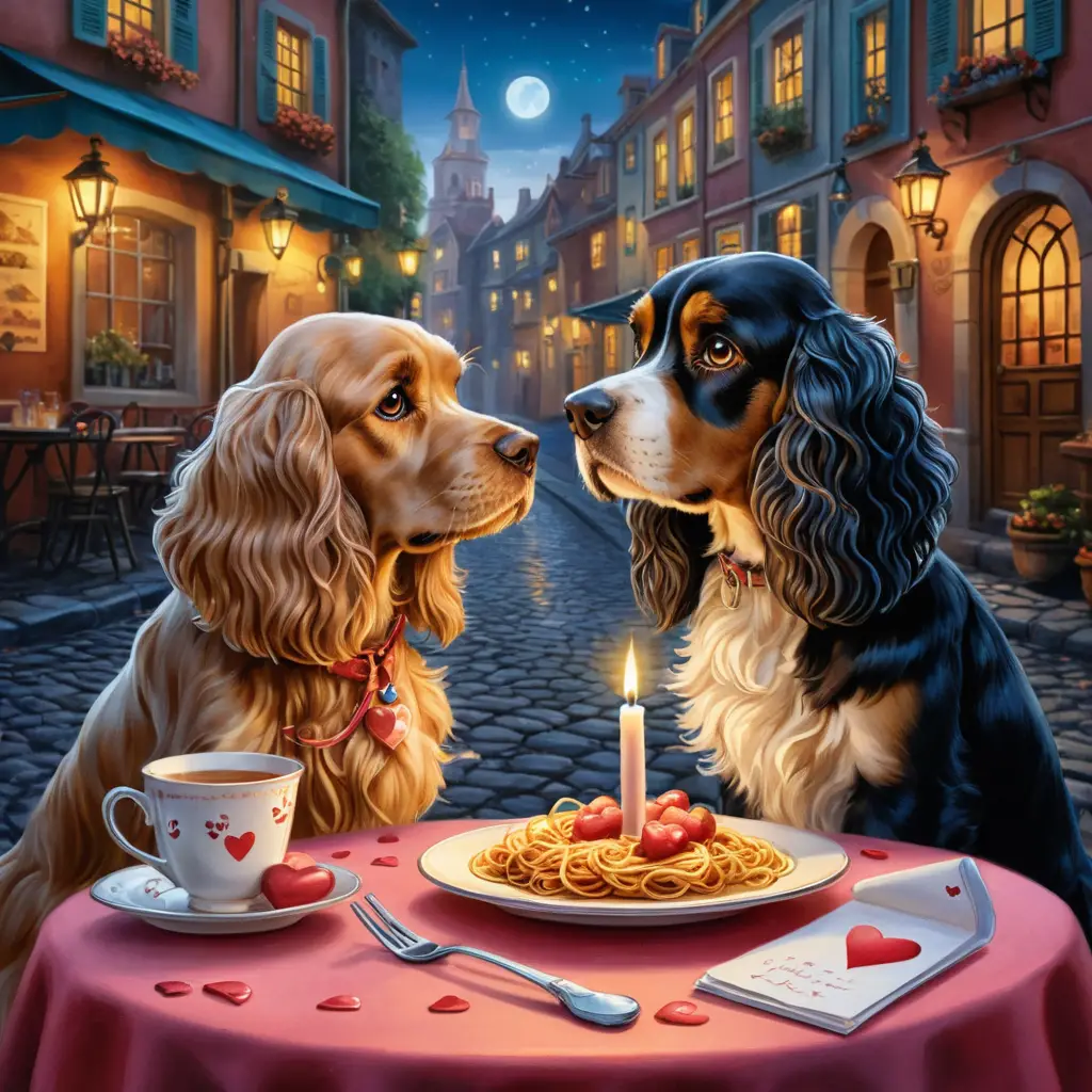 Casal de cachorros romântico compartilhando espaguete no restaurante