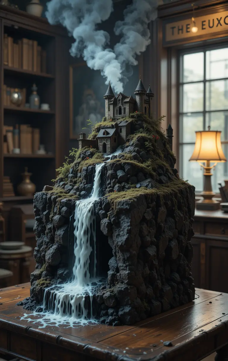 Miniature cube landscape with medieval fortress on table