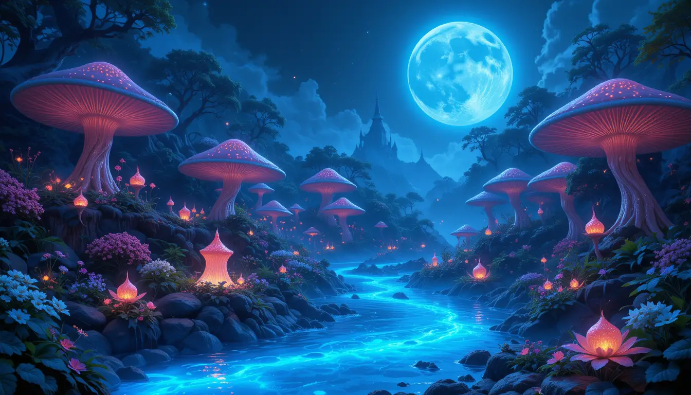 Enchanted Blue River Under A Glowing Full Moon