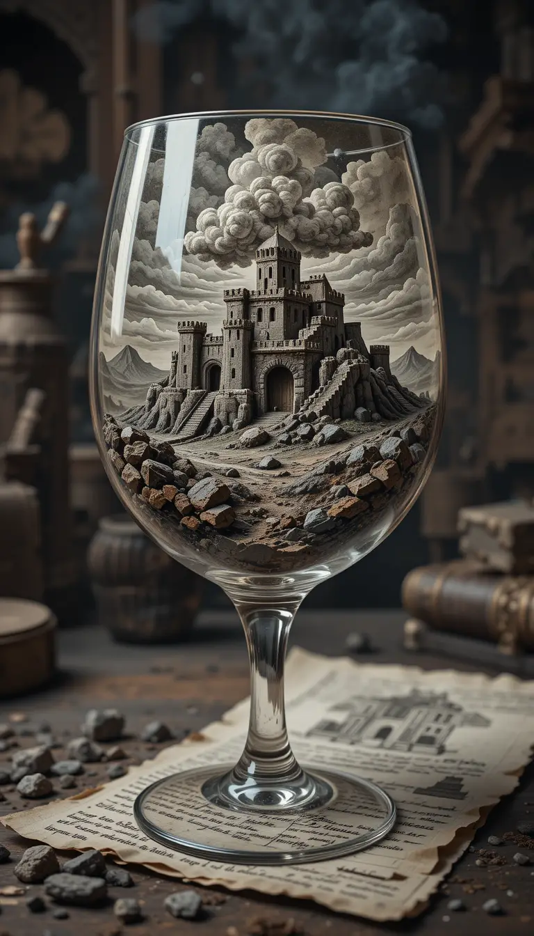 Antique wine glass revealing a cubic volcanic landscape