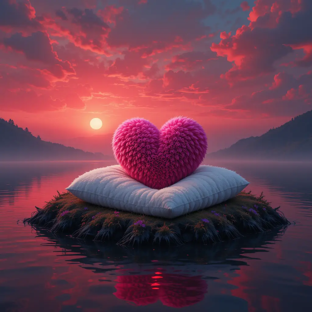 Velvet fuchsia heart on a pillow in crimson fantasy sky
