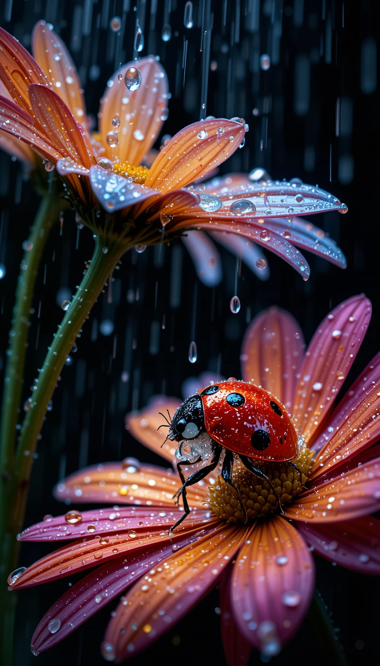 Coccinelle en cristal sous une marguerite colorée sous la pluie