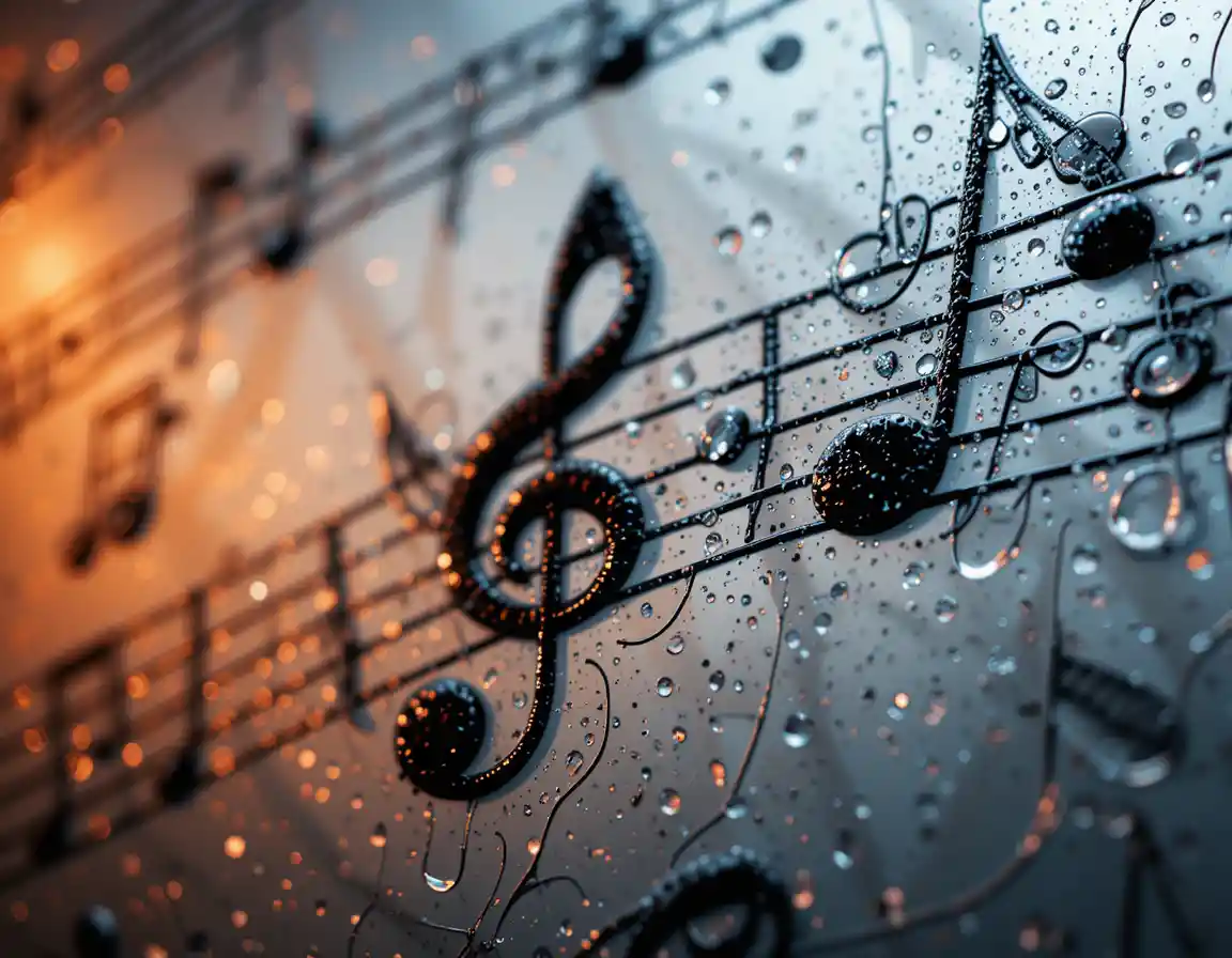 Close up music notes on glass with water droplets