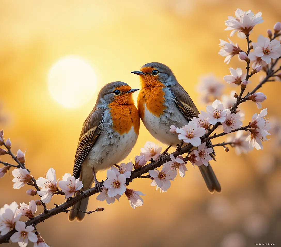 Robins resting on almond blossoms at golden sunset sky