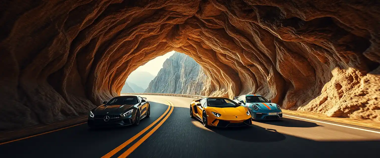Voitures de sport filant sur l’autoroute vers une grotte de montagne