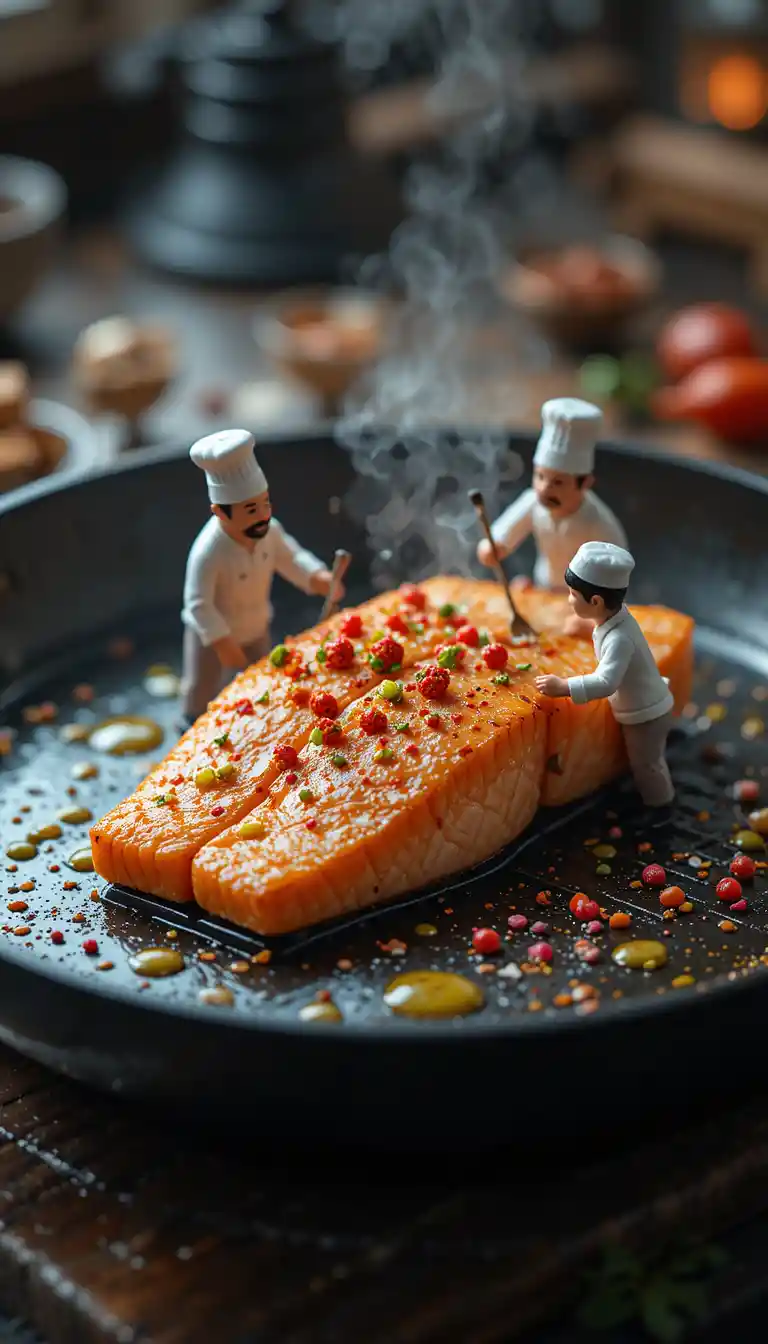 Miniature chefs grilling fish on a giant sizzling pan