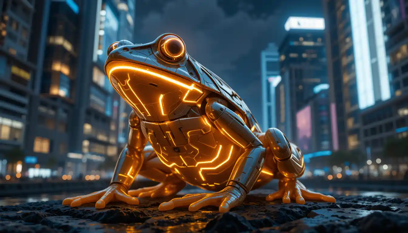 Futuristischer Frosch-Memecoin mit Neon-Stadtsilhouette
