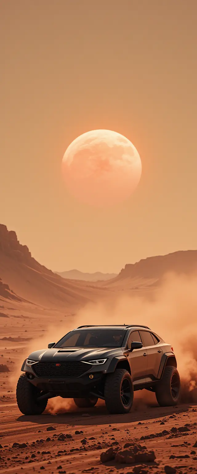 Futuristic Apple SUV Driving Across Rugged Martian Terrain