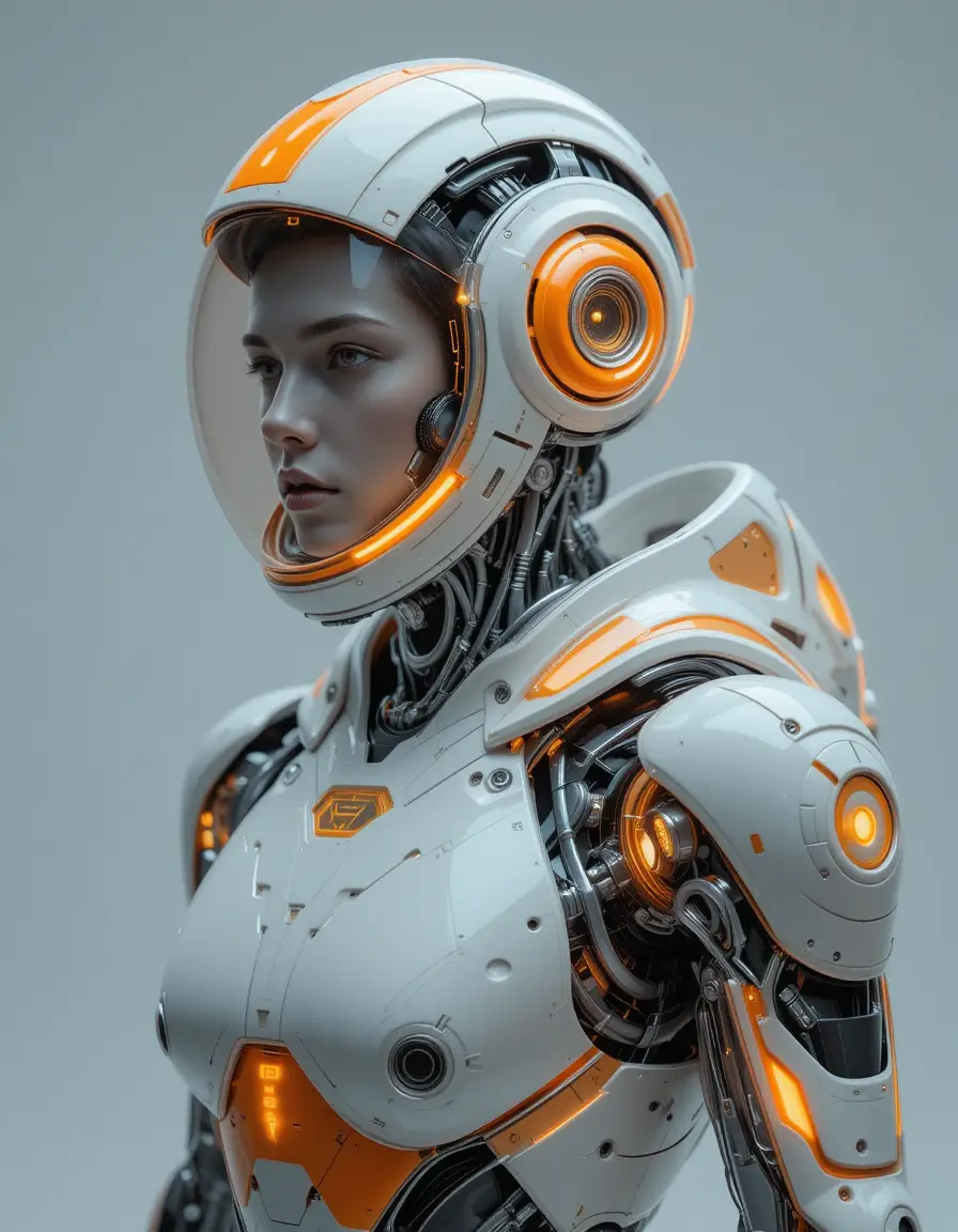 Futuristic humanoid robot in sleek white space helmet