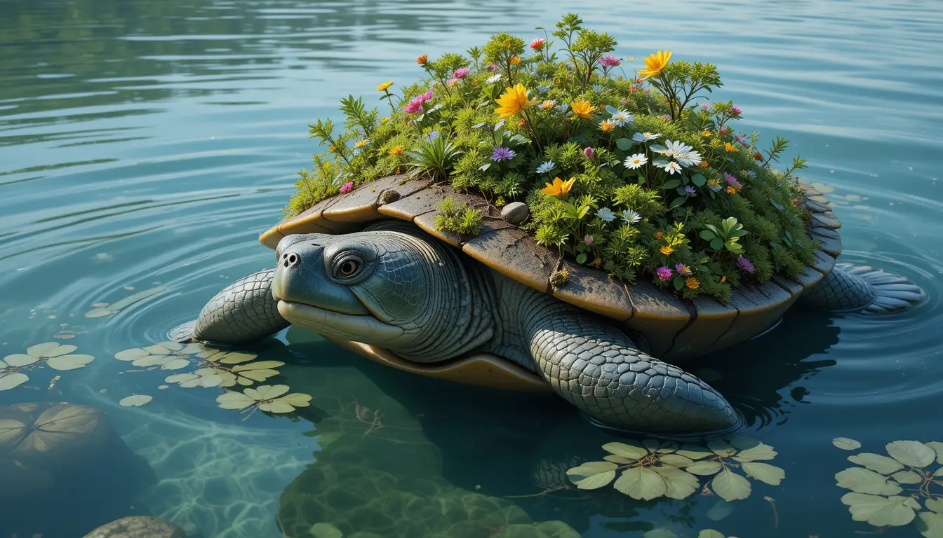 Giant turtle rising from a crystal clear forest lake