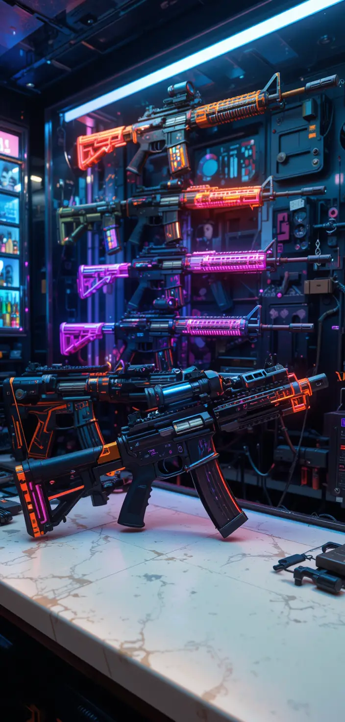 Cyberpunk black market with neon rifles on display