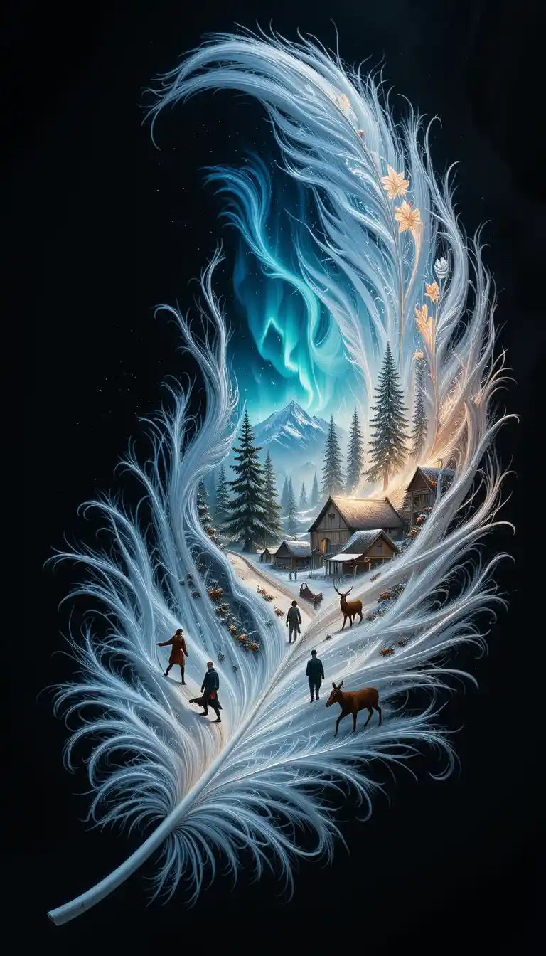 Double exposure feather scene with winter girl portrait