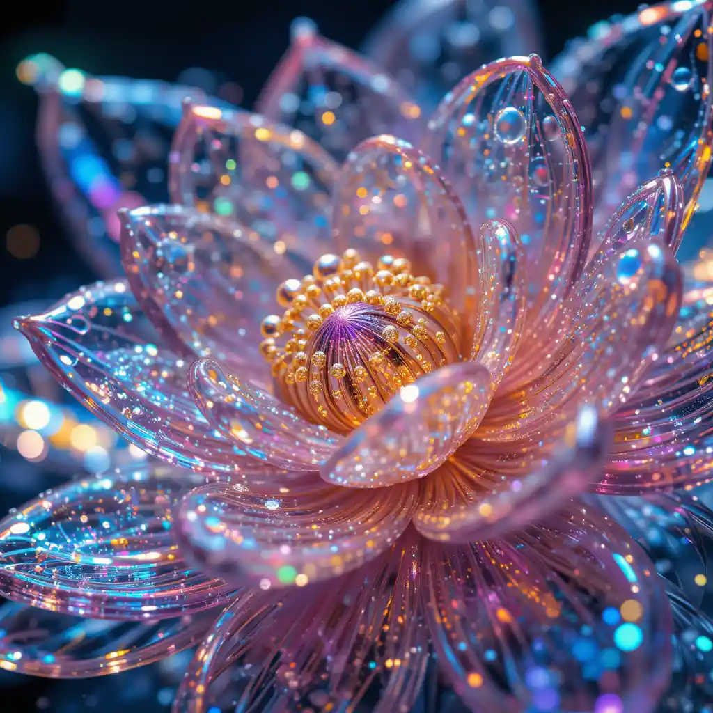 Macro glass flower sculpture with iridescent bubbles