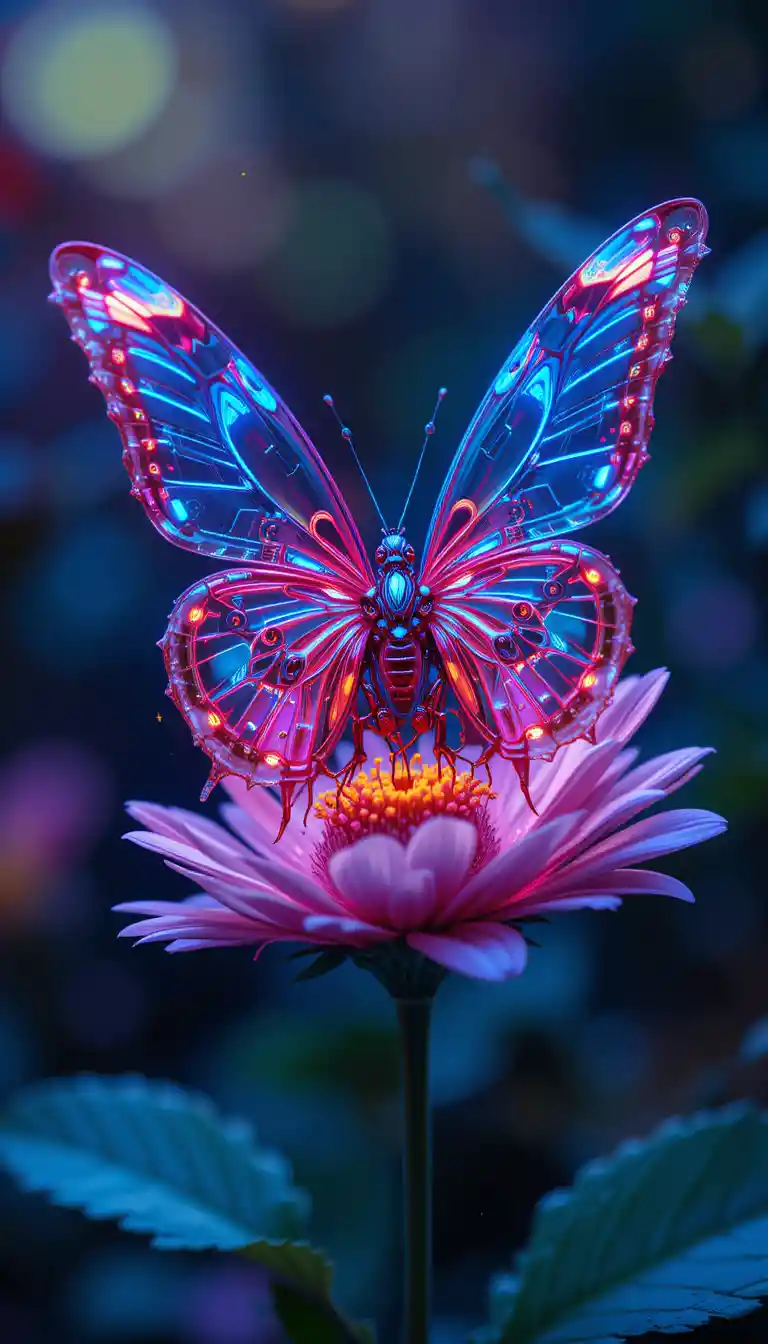 Mechanical butterfly on blooming flower in macro neon light