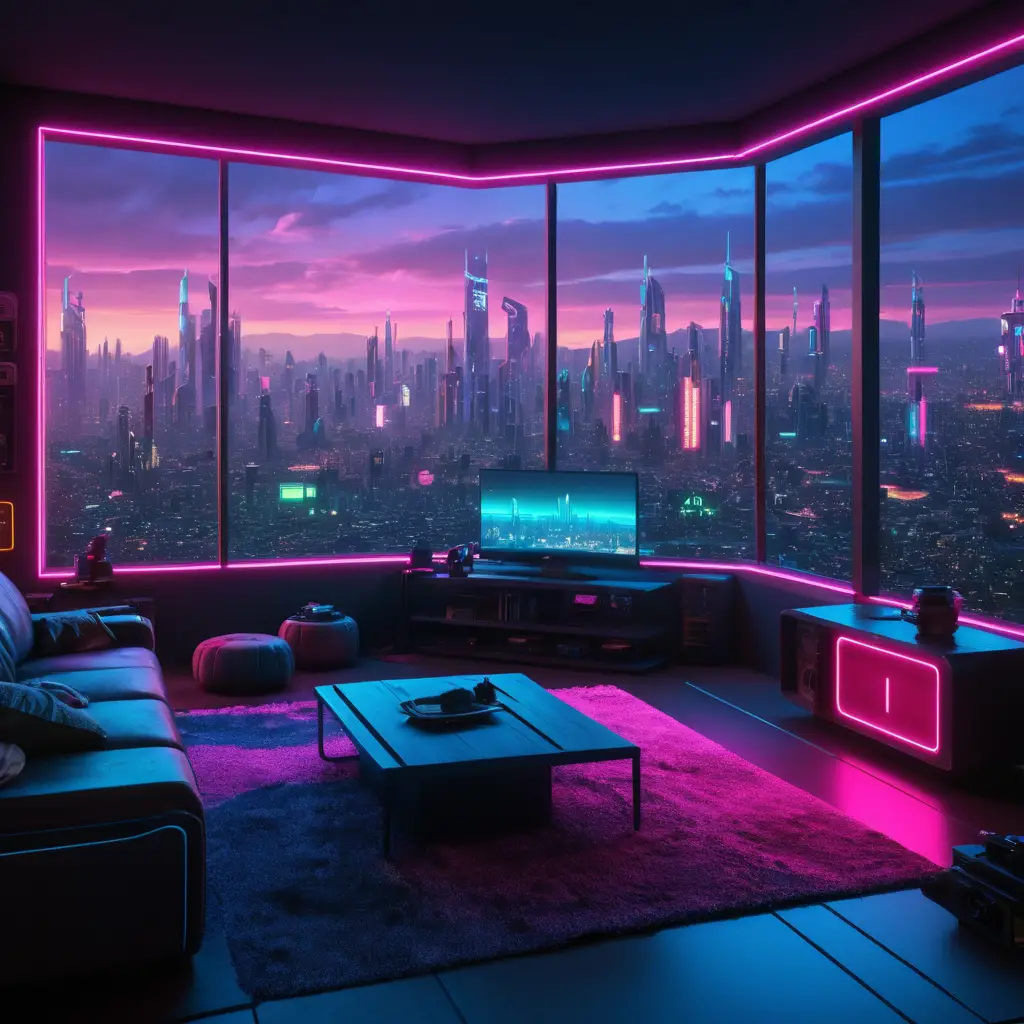 Futuristic cyberpunk bedroom with neon lights and window view