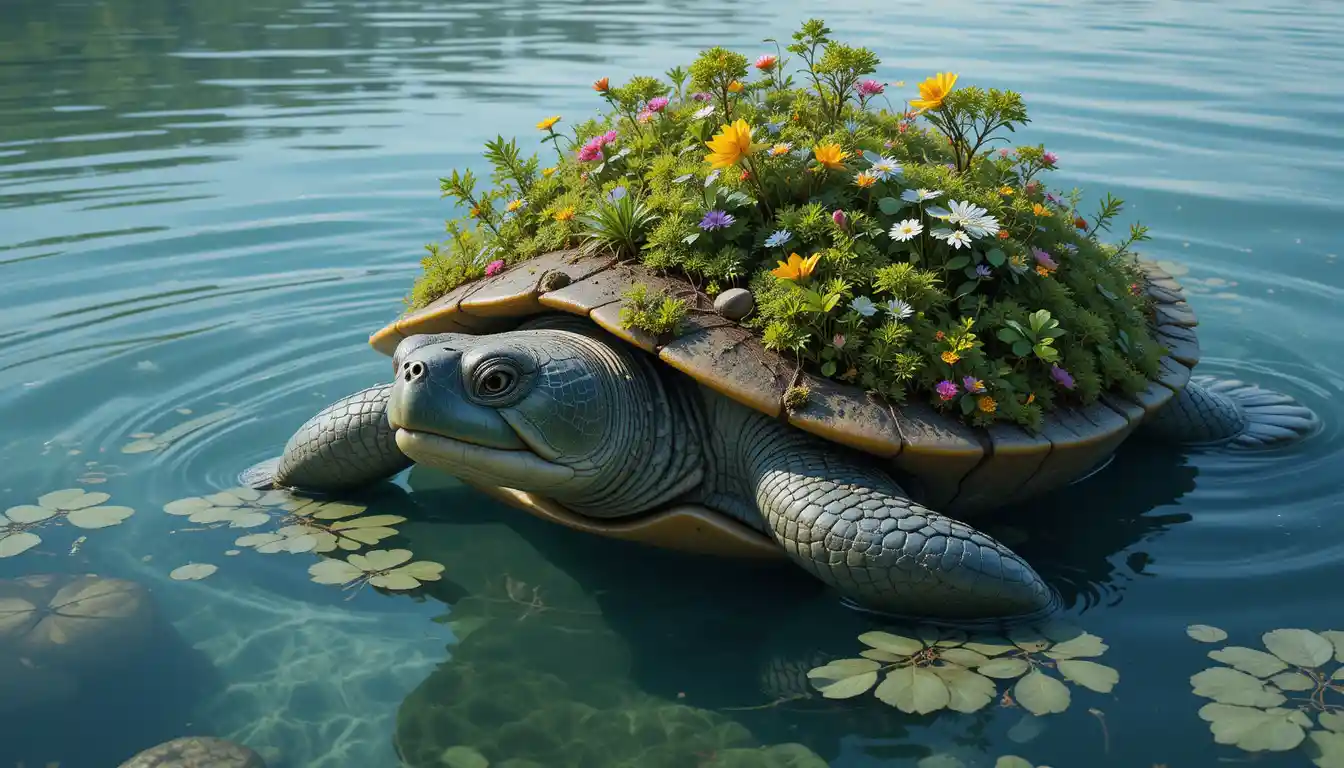 Giant turtle rising from a crystal clear forest lake